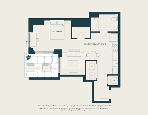 Floor plan for studio, 1 bath, 592 sqft